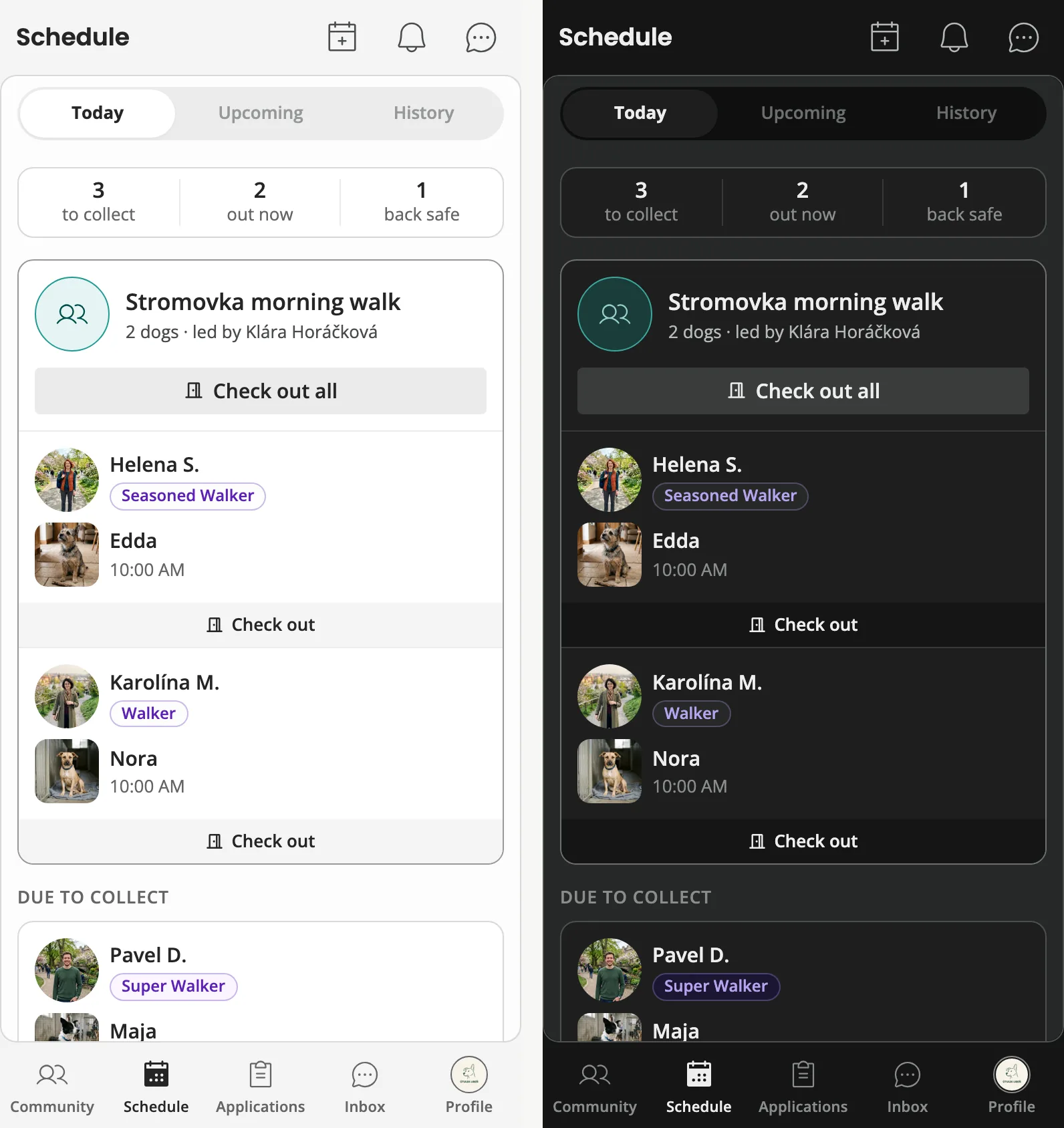 The same handover board screen in light and dark themes, side by side, identical in structure