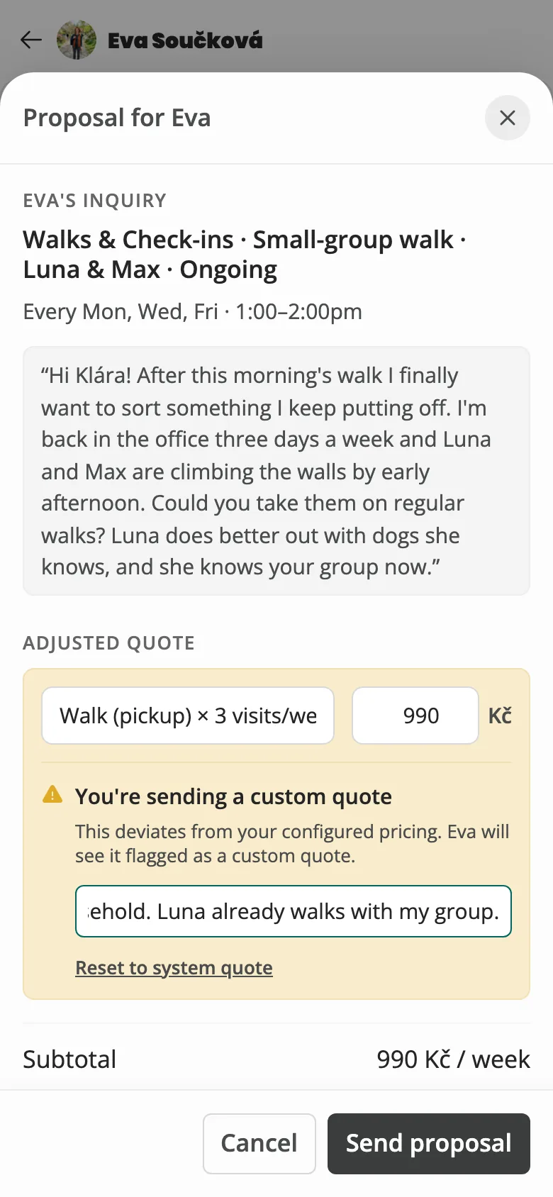 The provider adjusting the quote, with a warning that the change will be flagged as a custom quote