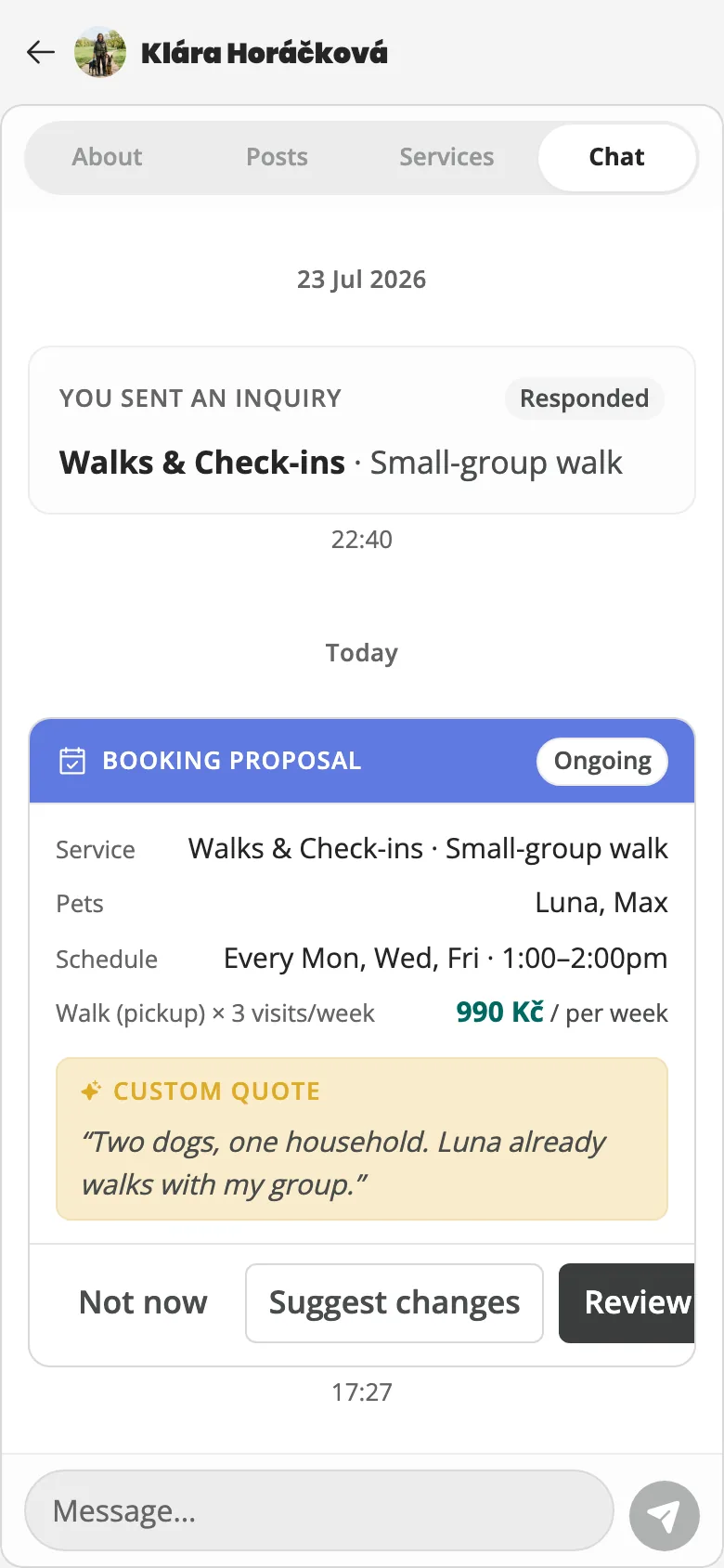 The owner's view of the proposal with a highlighted custom-quote callout and the provider's reason