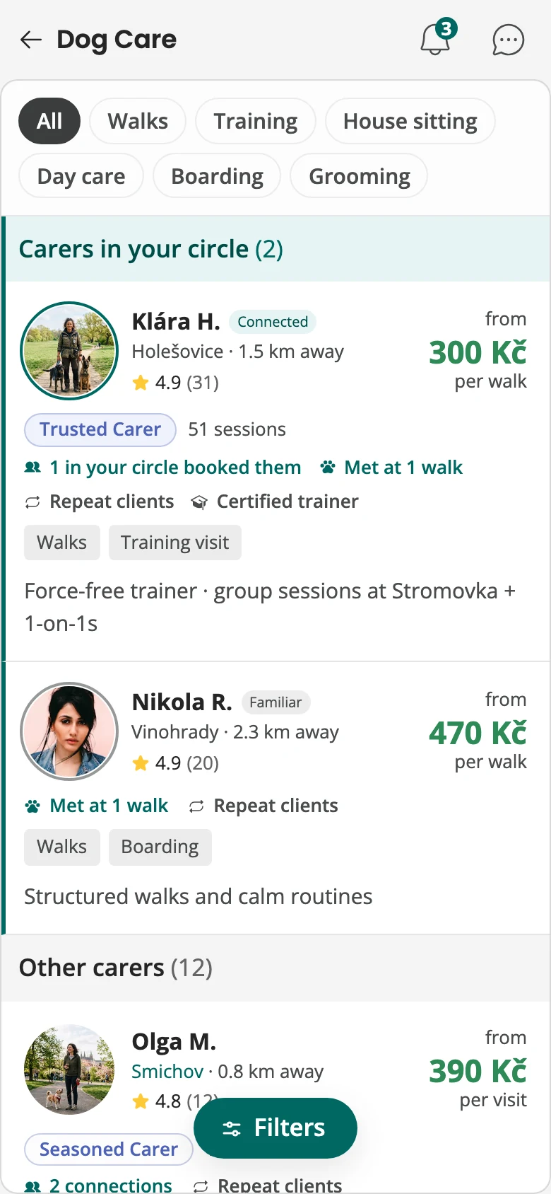 The Discover care list split in two: Carers in your circle at the top, one Connected and one Familiar, then Other carers below