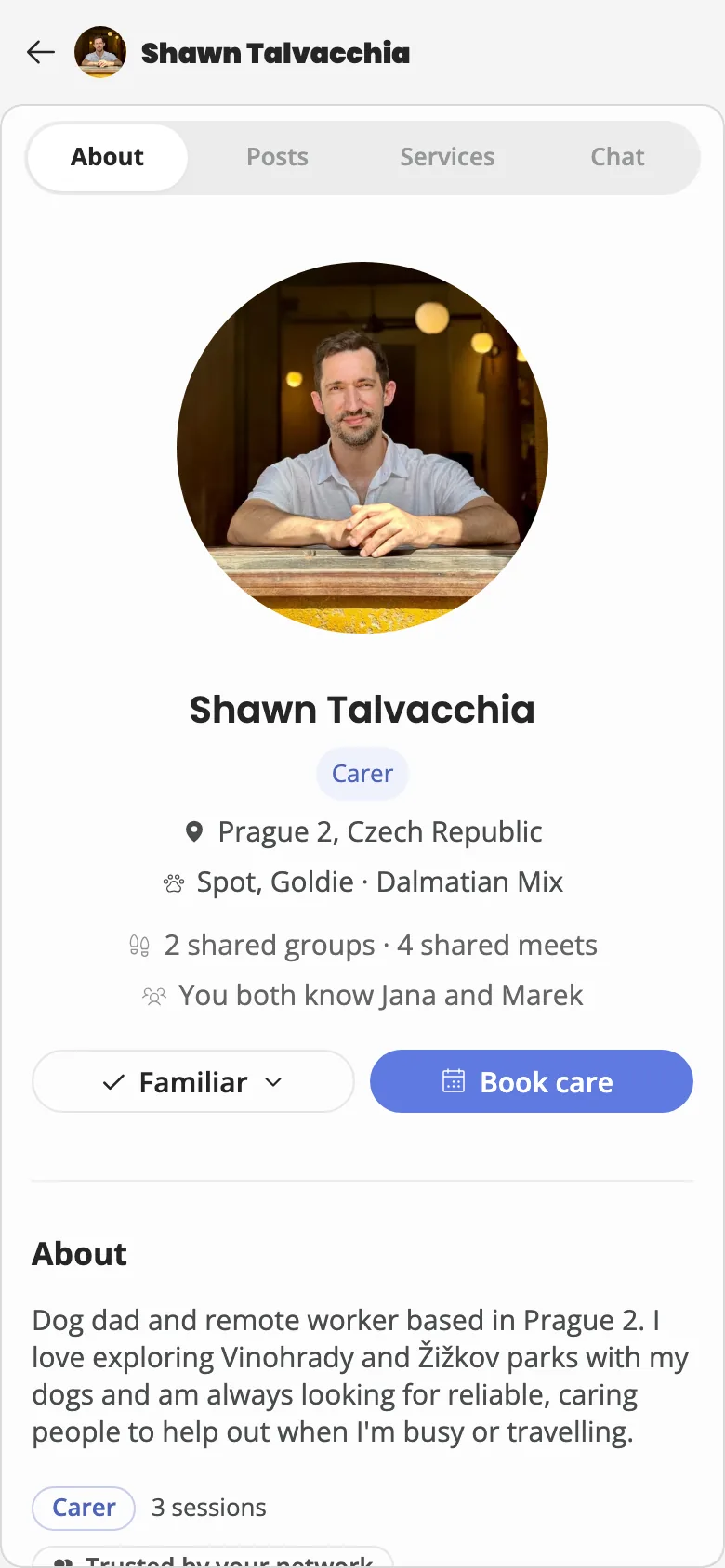 The same kind of profile once Familiar is granted: full content visible, a Familiar control, and shared context