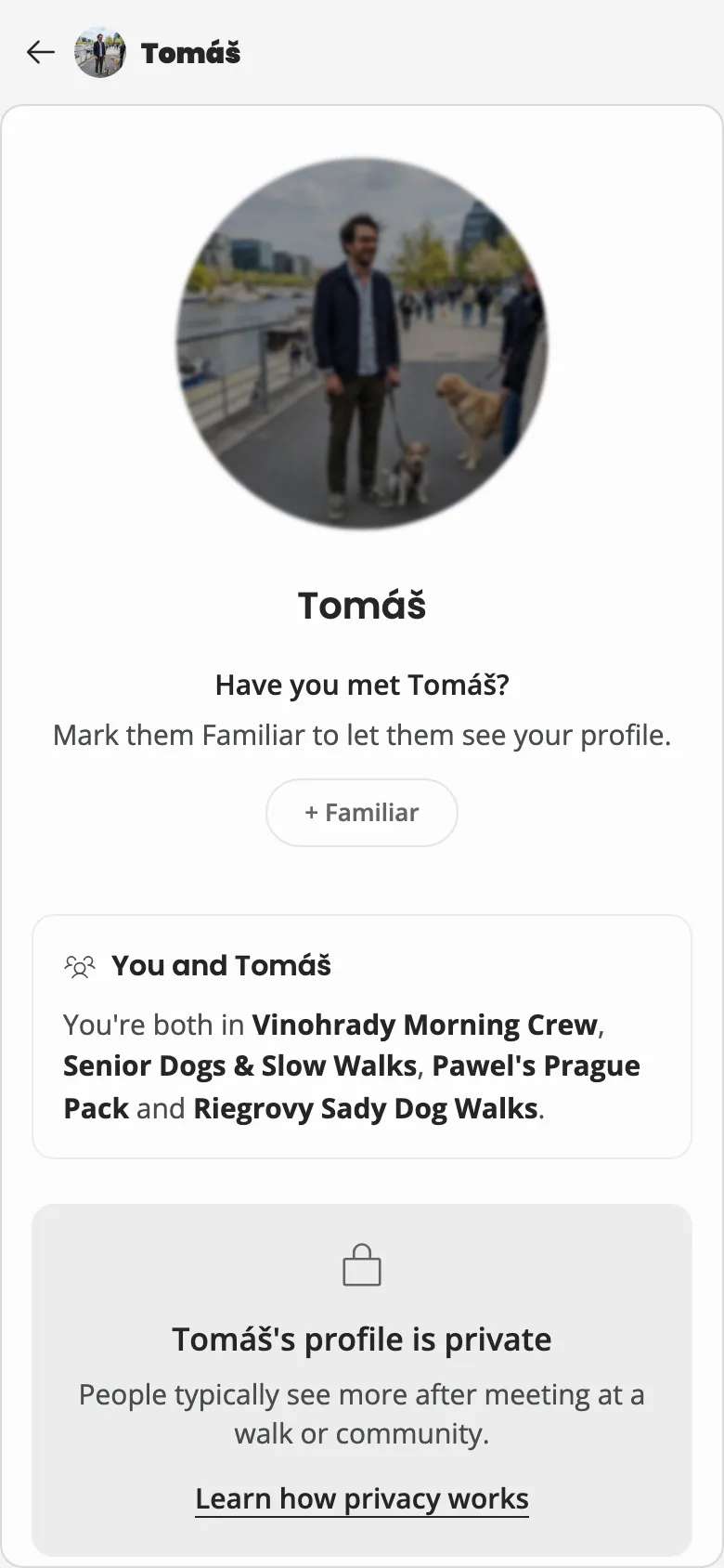 A private profile as a stranger sees it: blurred content, a lock card saying the profile is private, and a + Familiar action with shared groups listed