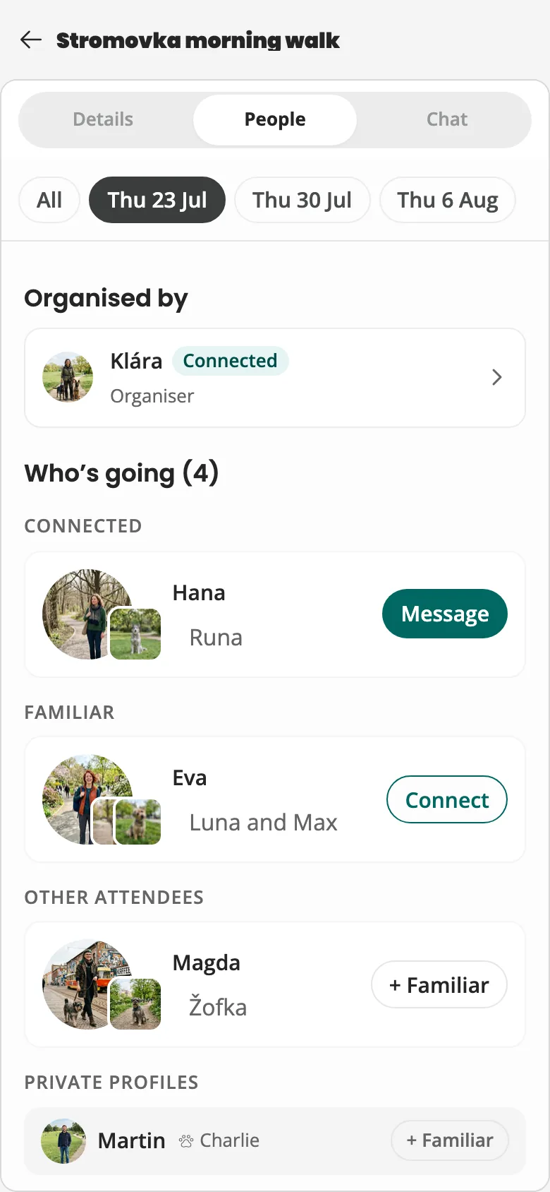 A group walk's People tab: Connected with a message button, Familiar with a connect button, other attendees and private profiles with + Familiar