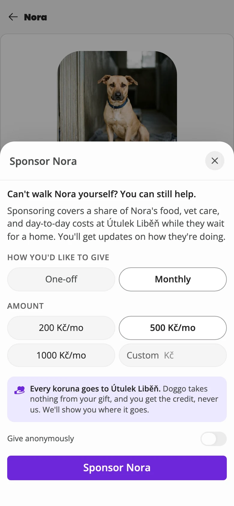 The Sponsor Nora sheet: one-off or monthly cadence, preset amounts, a give-anonymously toggle, and a note that every koruna goes to the shelter and Doggo takes nothing