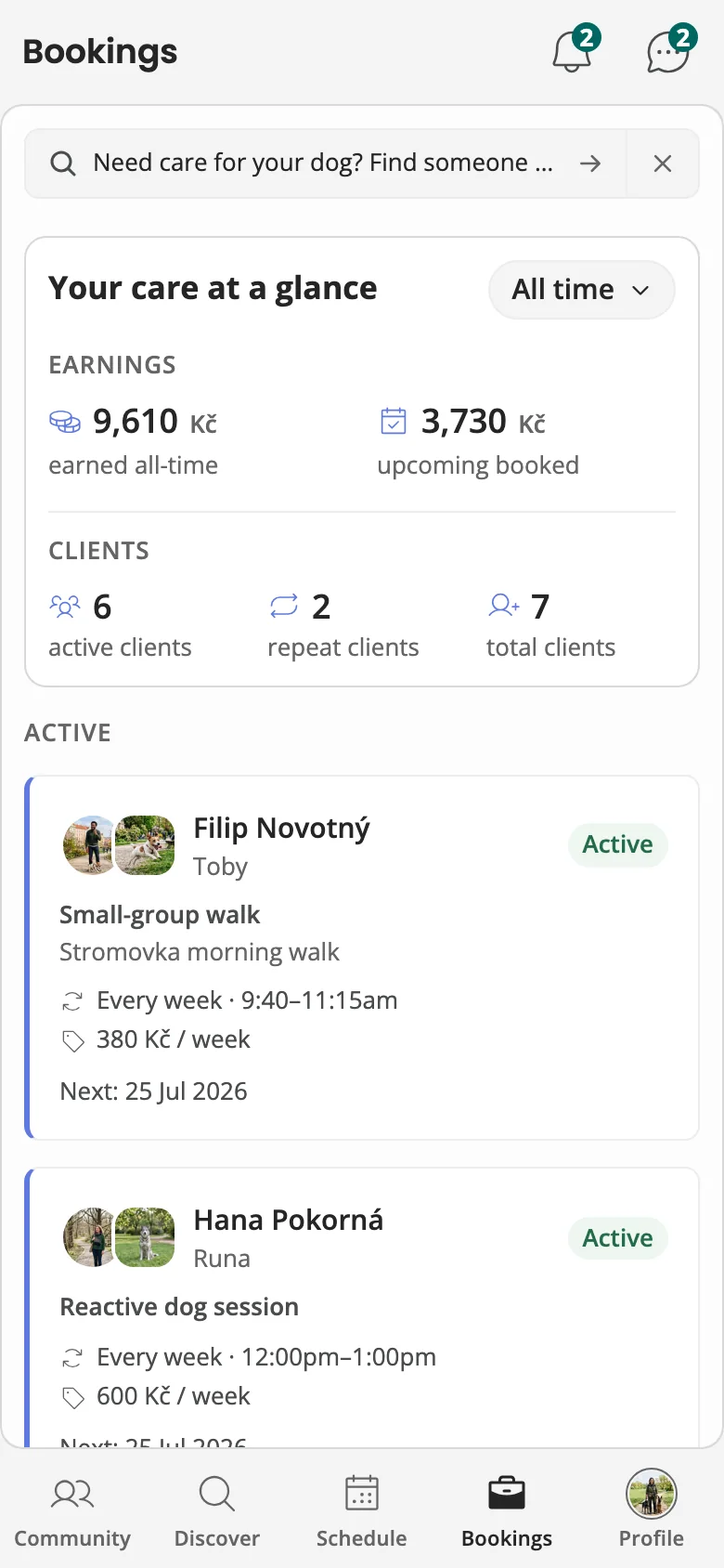 The trainer's private business glance: earnings to date and upcoming, plus active, repeat, and total client counts