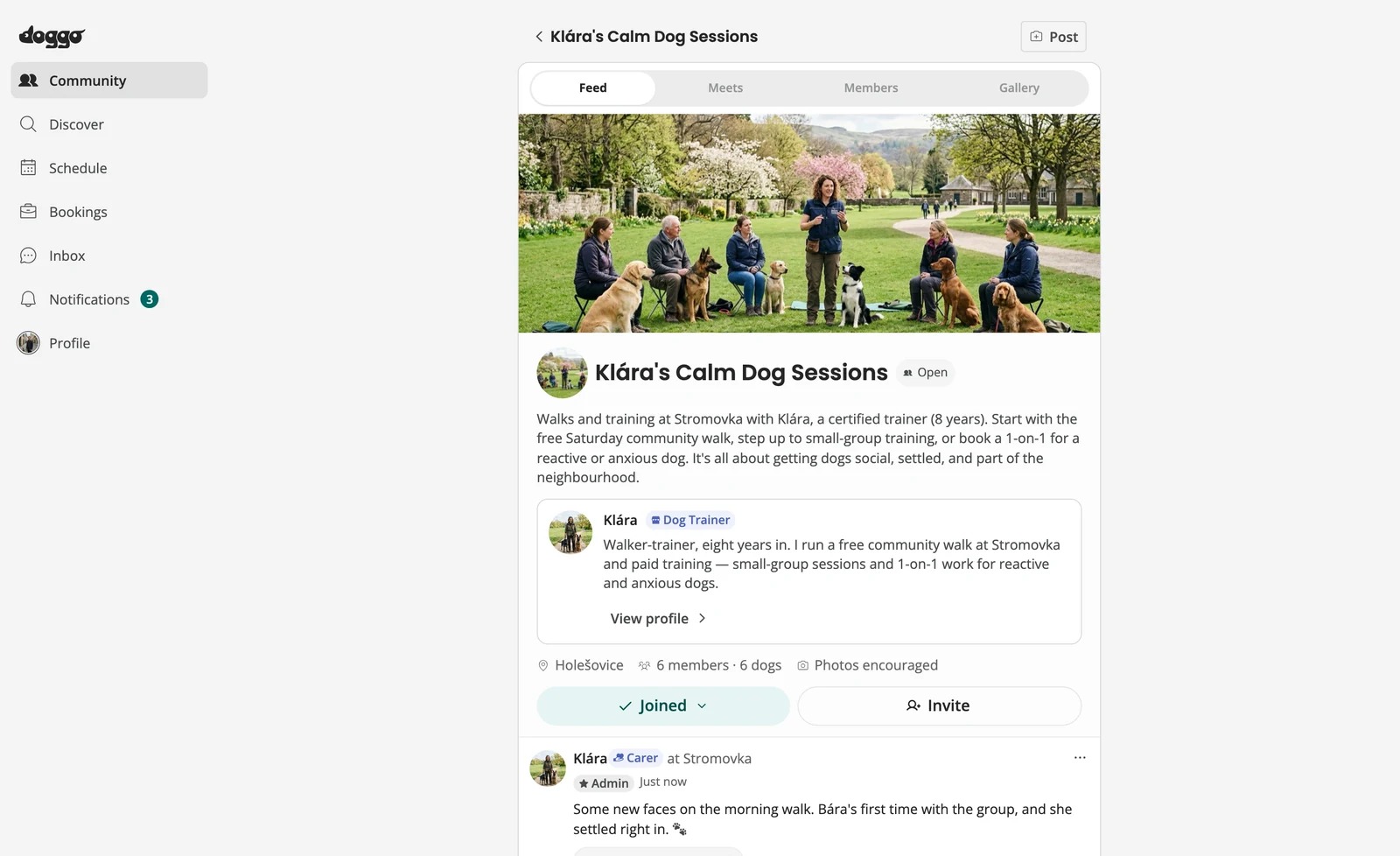 A trainer's group page on desktop: a community walk in the park with the trainer's card beneath it, the description laddering from the free community walk up to paid small-group and 1-on-1 training