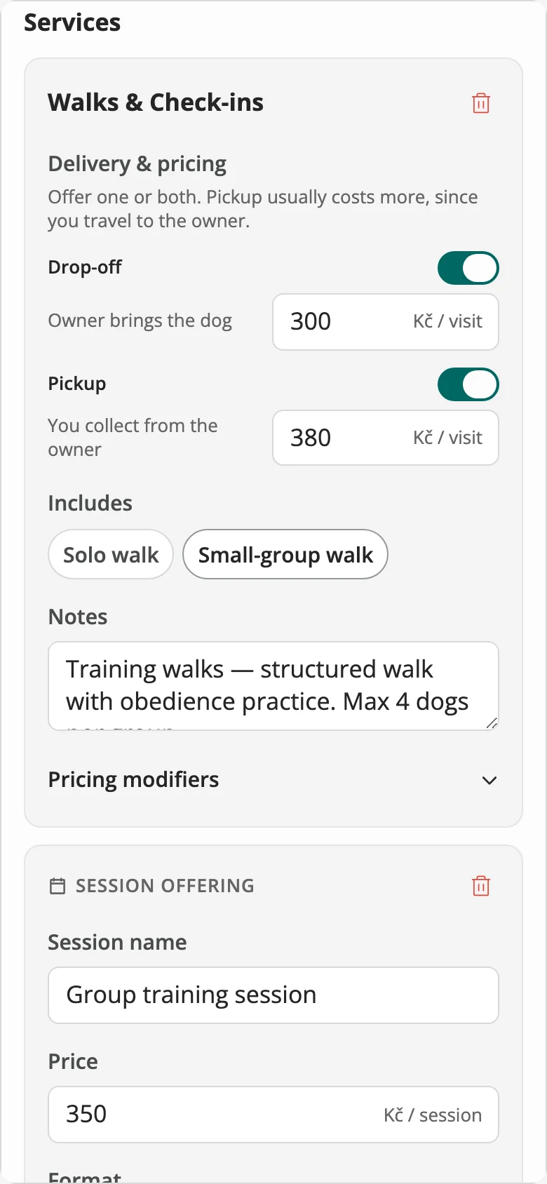 The trainer editing their services: a Walks and Check-ins card with drop-off and pickup pricing, solo and small-group options, and a group training session offering